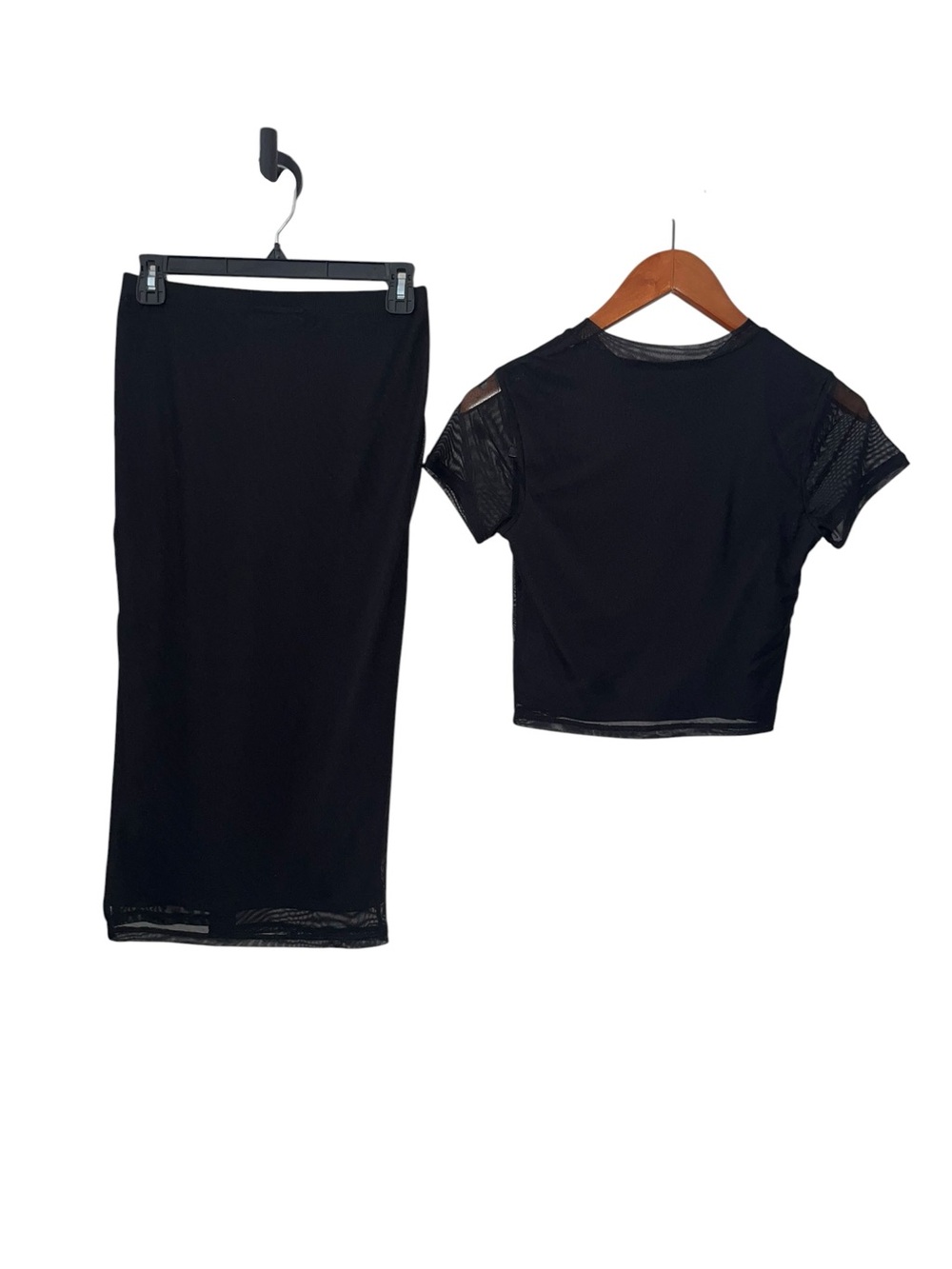 No Boundaries Black Mesh Midi Skirt with Matching Cropped Top